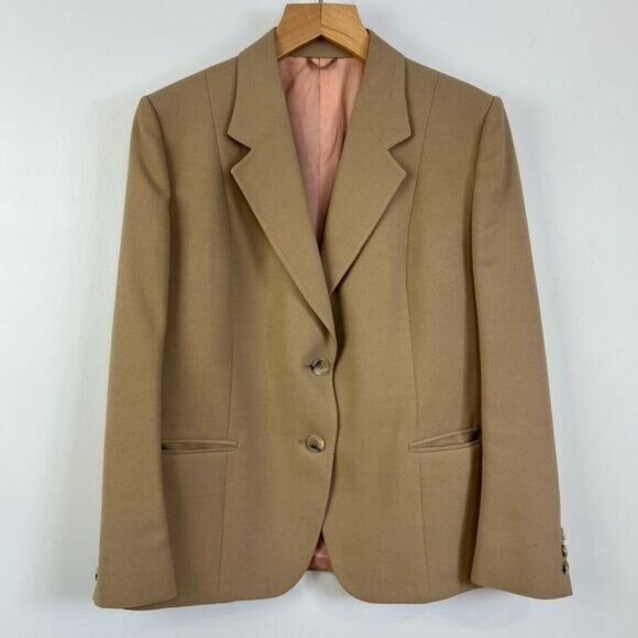 Vintage Women’s Medium Tan Wool Classic Suit Jacket Blazer Sports Coat 2 Button - Picture 13 of 14